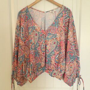 NEW Umgee Paisley Dolman Sleeve V-Neck Blouse Blue Pink Yellow Size L